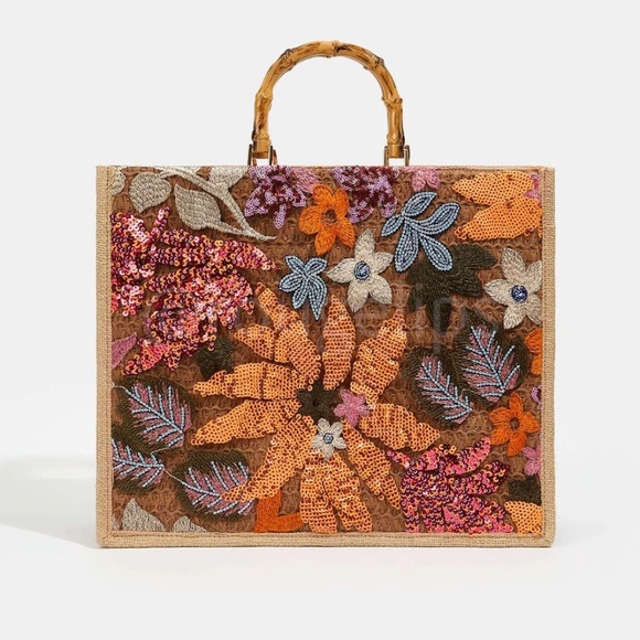 Sequined Floral Decorated Straw Tote Bag Bamboo Handle Embroidered - Picture 8 of 11